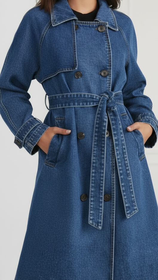 Elena | Longline Denim Trench Coat with Belt - Lumina