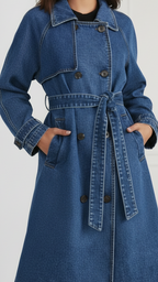 Elena | Longline Denim Trench Coat with Belt - Lumina