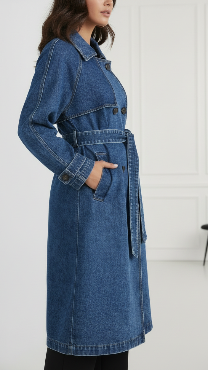 Elena | Longline Denim Trench Coat with Belt - Lumina