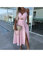 Vanette - Elegant Strappy Front Slit Midi Dress