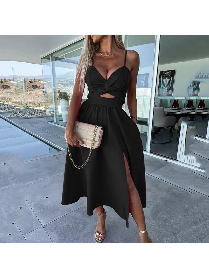 Vanette - Elegant Strappy Front Slit Midi Dress