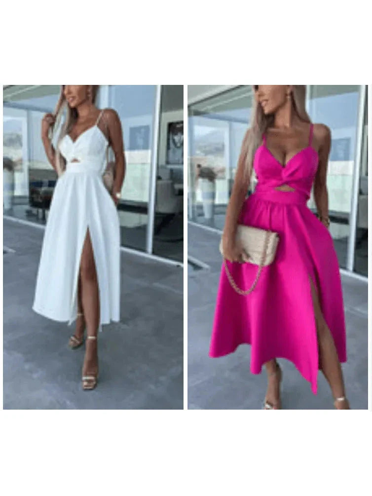 Vanette - Elegant Strappy Front Slit Midi Dress
