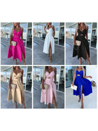 Vanette - Elegant Strappy Front Slit Midi Dress